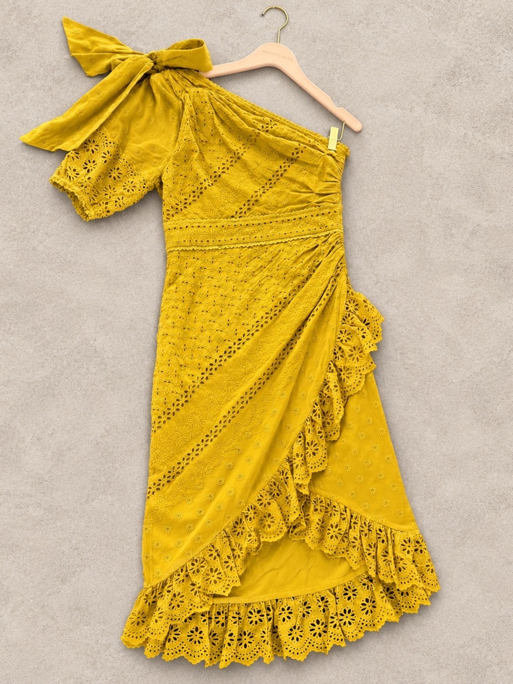 Ulla Johnson Gwyneth One-Shoulder Chartreuse/Mustard Yellow Eyelet Ruffle Dress